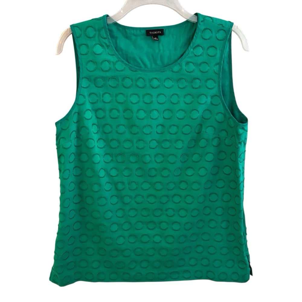 Talbots Green Sleeveless Blouse Womens 10 Textured Dot Cotton Top Side Zip